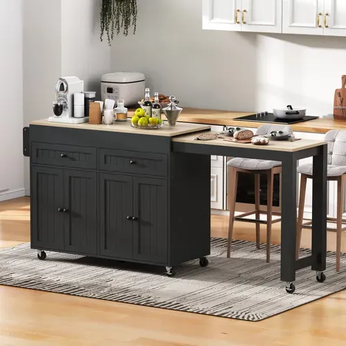Ilot Central Cuisine Comptoir Avec Table Extensible, 2 Tiroirs Et 4 Portes Noir Bois