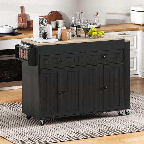 Ilot Central Cuisine Comptoir Avec Table Extensible, 2 Tiroirs Et 4 Portes Noir Bois