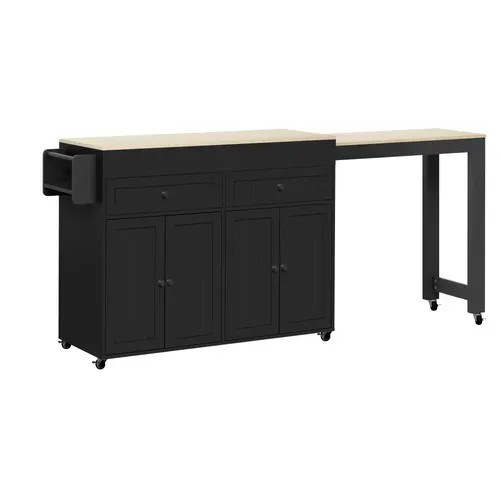 Ilot Central Cuisine Comptoir Avec Table Extensible, 2 Tiroirs Et 4 Portes Noir Bois