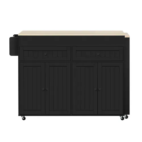 Ilot Central Cuisine Comptoir Avec Table Extensible, 2 Tiroirs Et 4 Portes Noir Bois