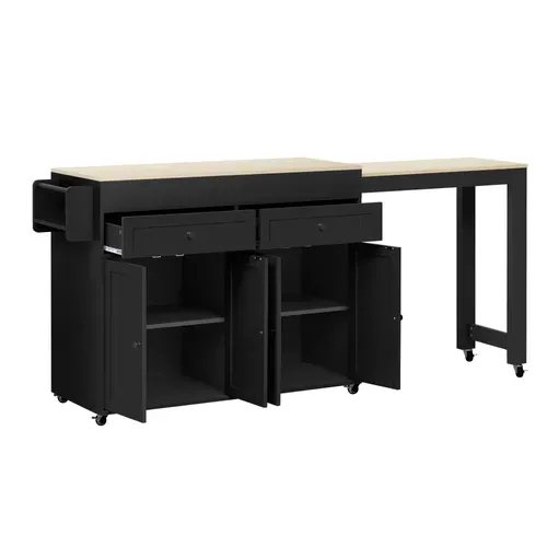 Ilot Central Cuisine Comptoir Avec Table Extensible, 2 Tiroirs Et 4 Portes Noir Bois