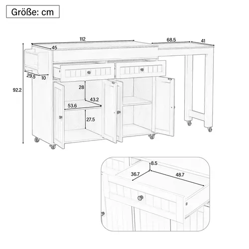 Ilot Central Cuisine Comptoir Avec Table Extensible, 2 Tiroirs Et 4 Portes Bois Blanc