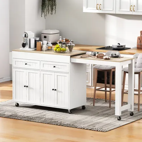 Ilot Central Cuisine Comptoir Avec Table Extensible, 2 Tiroirs Et 4 Portes Bois Blanc