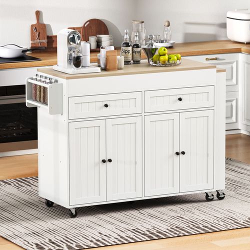 Ilot Central Cuisine Comptoir Avec Table Extensible, 2 Tiroirs Et 4 Portes Bois Blanc
