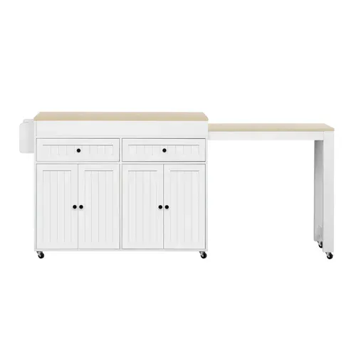 Ilot Central Cuisine Comptoir Avec Table Extensible, 2 Tiroirs Et 4 Portes Bois Blanc