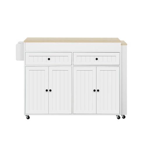 Ilot Central Cuisine Comptoir Avec Table Extensible, 2 Tiroirs Et 4 Portes Bois Blanc