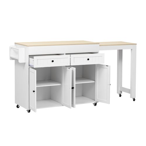 Ilot Central Cuisine Comptoir Avec Table Extensible, 2 Tiroirs Et 4 Portes Bois Blanc