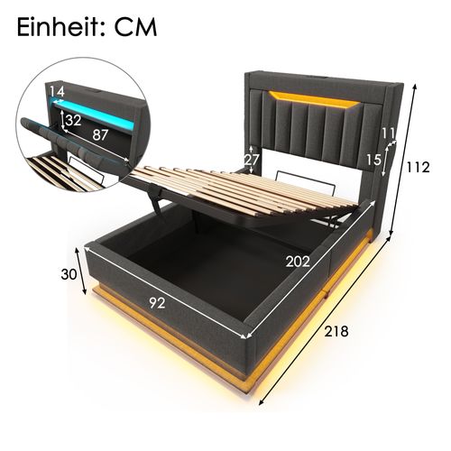 Lit Enfant Coffre 90 X 200cm Avec Tête De Lit Rangement, USB Et LED, Gris - Lit Avec Rangement