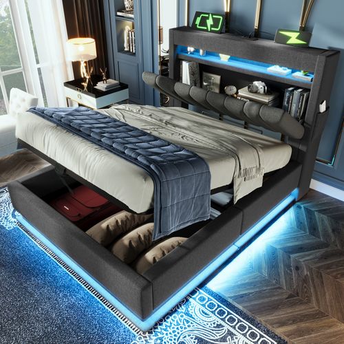 Lit Enfant Coffre 90 X 200cm Avec Tête De Lit Rangement, USB Et LED, Gris - Lit Avec Rangement
