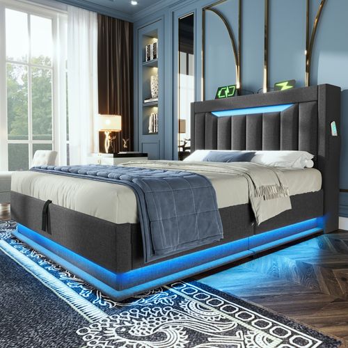 Lit Enfant Coffre 90 X 200cm Avec Tête De Lit Rangement, USB Et LED, Gris - Lit Avec Rangement