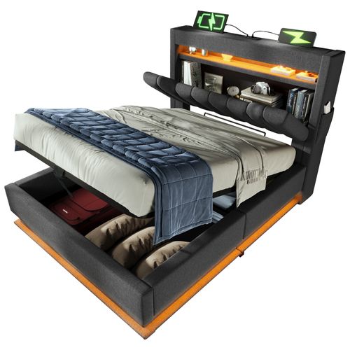 Lit Enfant Coffre 90 X 200cm Avec Tête De Lit Rangement, USB Et LED, Gris - Lit Avec Rangement