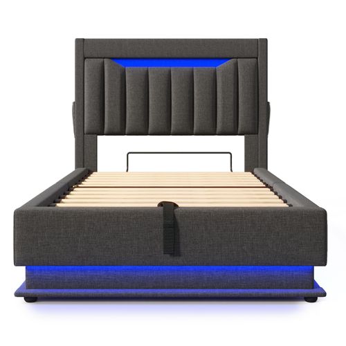 Lit Enfant Coffre 90 X 200cm Avec Tête De Lit Rangement, USB Et LED, Gris - Lit Avec Rangement