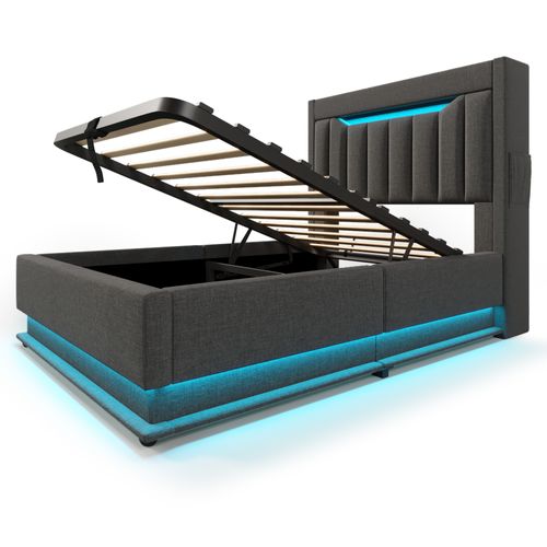 Lit Enfant Coffre 90 X 200cm Avec Tête De Lit Rangement, USB Et LED, Gris - Lit Avec Rangement