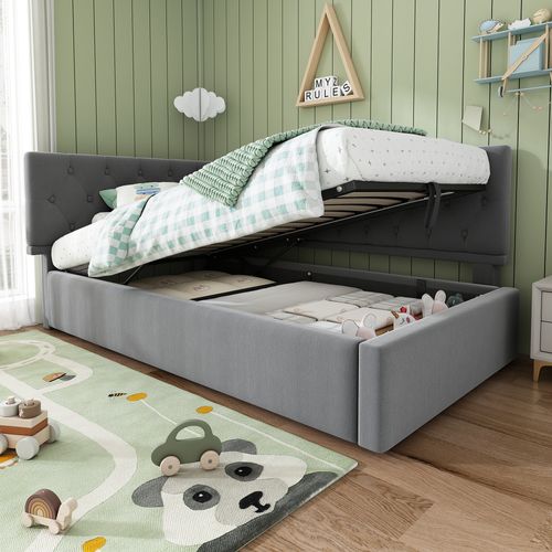 Lit Enfant Coffre 90 X 200cm Avec Sommier Velous Gris