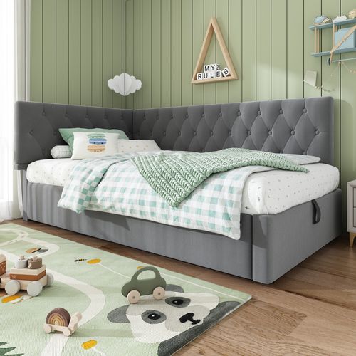 Lit Enfant Coffre 90 X 200cm Avec Sommier Velous Gris
