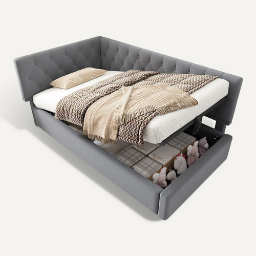 Lit Enfant Coffre 90 X 200cm Avec Sommier Velous Gris