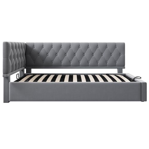 Lit Enfant Coffre 90 X 200cm Avec Sommier Velous Gris