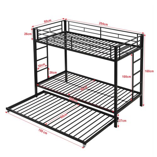 Lit Superposé 2x90x200cm Avec Lit Gigogne 90x190cm Métal Noir - Lit Superposé - Mezzanine