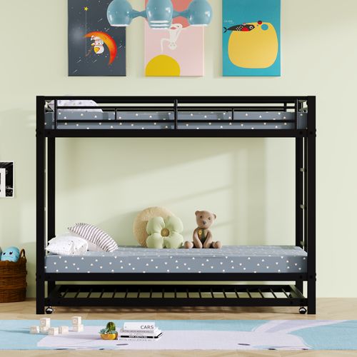 Lit Superposé 2x90x200cm Avec Lit Gigogne 90x190cm Métal Noir - Lit Superposé - Mezzanine