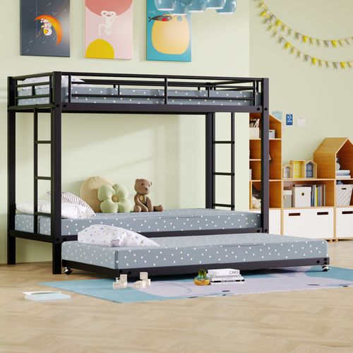 Lit Superposé 2x90x200cm Avec Lit Gigogne 90x190cm Métal Noir - Lit Superposé - Mezzanine