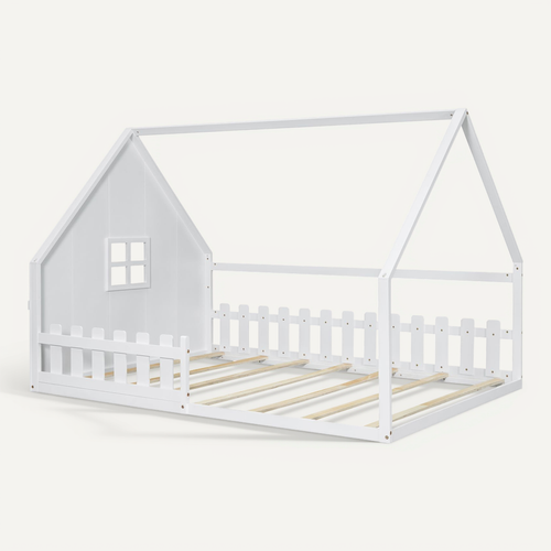 Lit Cabane 140x200cm Avec Sommier à Lattes Et Barrières Blanc