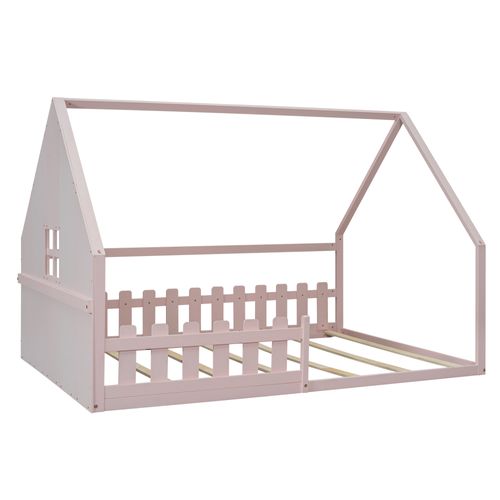 Lit Cabane 140x200cm Avec Sommier à Lattes Et Barrières Rose