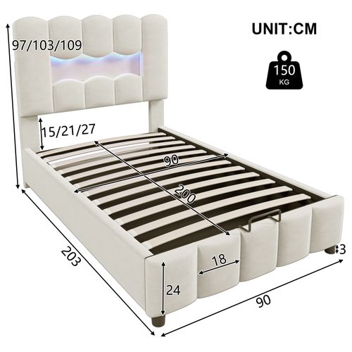 Lit Enfant Coffre 90x200 Cm Tête De Lit Avec LED Velours Beige