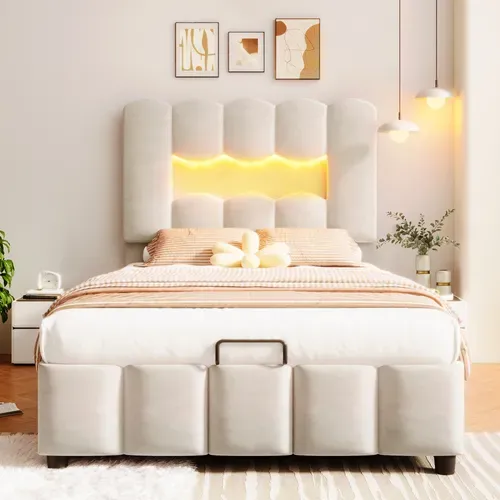 Lit Enfant Coffre 90x200 Cm Tête De Lit Avec LED Velours Beige