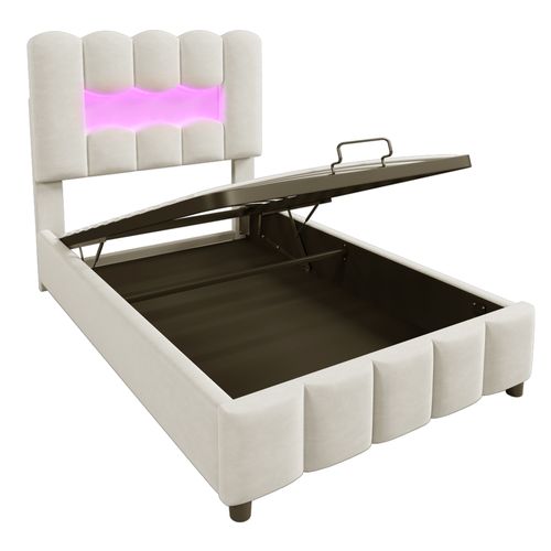 Lit Enfant Coffre 90x200 Cm Tête De Lit Avec LED Velours Beige