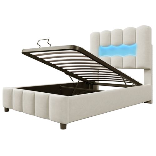 Lit Enfant Coffre 90x200 Cm Tête De Lit Avec LED Velours Beige