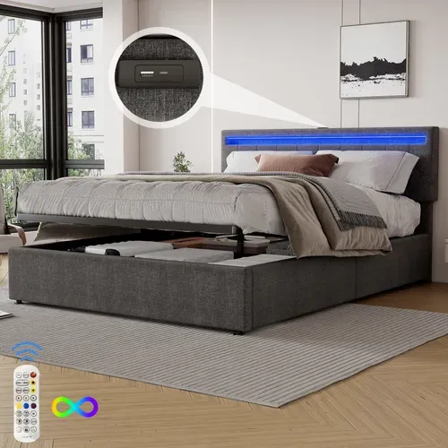 Lit Coffre 160x200cm Avec LED RGB - Design Flottant - Rangement Intégré - Supporte 350kg - Gris - 2 Colis