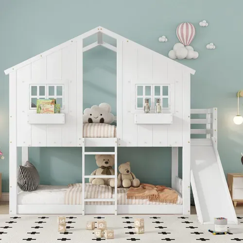 Lit Mezzanine Cabane 90x200cm Avec Toboggan Et Échelle Blanc