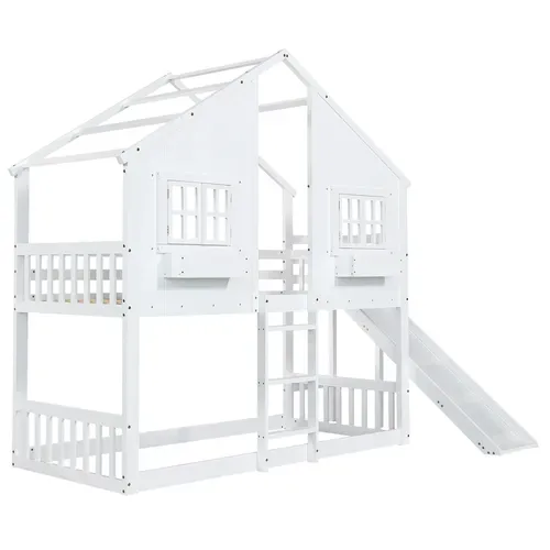 Lit Mezzanine Cabane 90x200cm Avec Toboggan Et Échelle Blanc