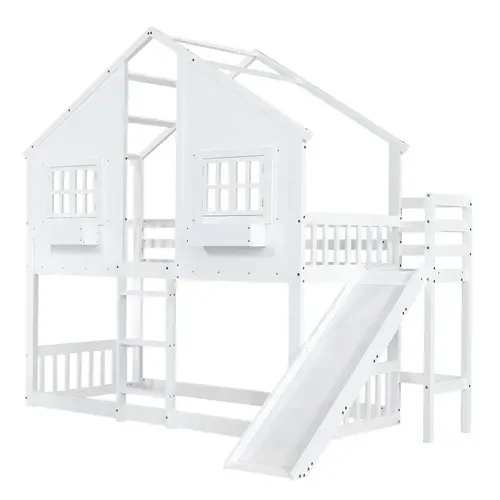 Lit Mezzanine Cabane 90x200cm Avec Toboggan Et Échelle Blanc