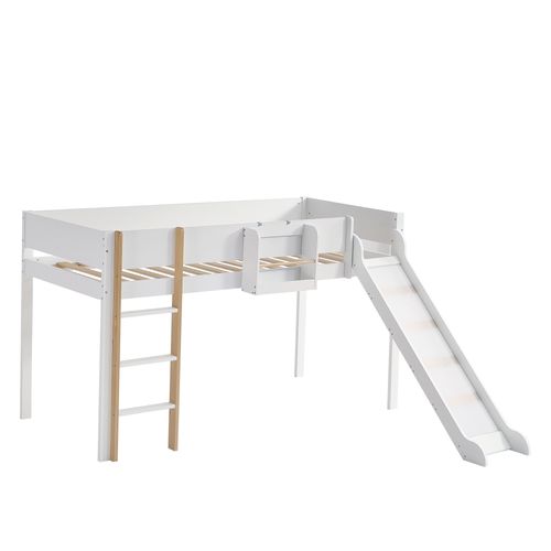 Lit Mezzanine 90x200cm Avec Toboggan Et Échelle Blanc + Imitation Chêne