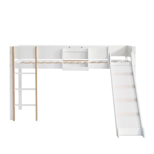 Lit Mezzanine 90x200cm Avec Toboggan Et Échelle Blanc + Imitation Chêne