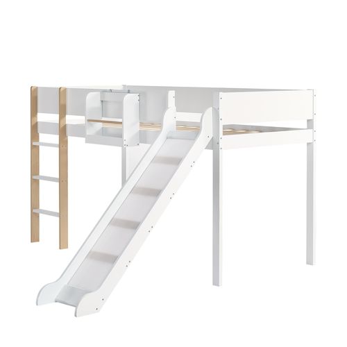 Lit Mezzanine 90x200cm Avec Toboggan Et Échelle Blanc + Imitation Chêne