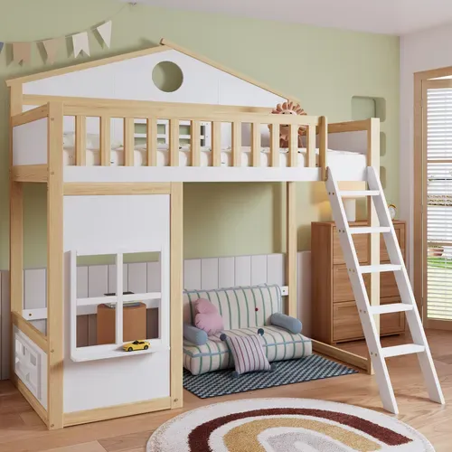 Lit Mezzanine Cabane 90x200cm Avec Échelle Blanc + Imitation Chêne