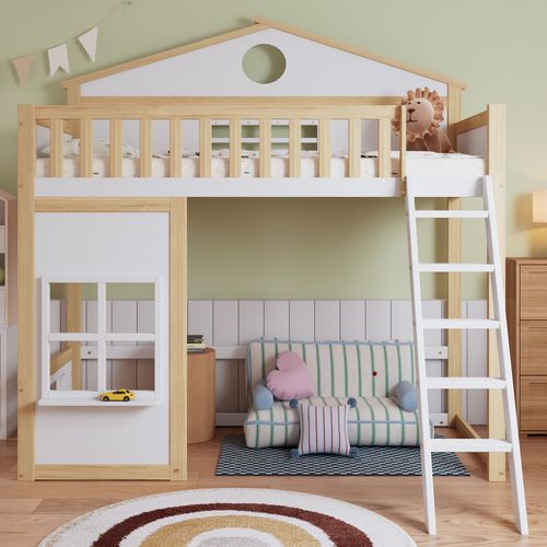 Lit Mezzanine Cabane 90x200cm Avec Échelle Blanc + Imitation Chêne