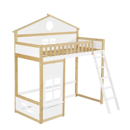 Lit Mezzanine Cabane 90x200cm Avec Échelle Blanc + Imitation Chêne