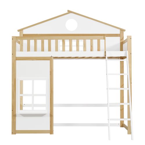 Lit Mezzanine Cabane 90x200cm Avec Échelle Blanc + Imitation Chêne