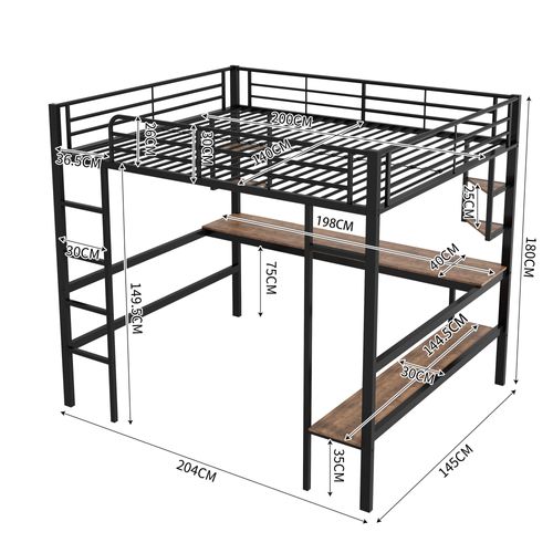 Lit Mezzanine 140x200cm Avec Bureau, Étagères Et Bibliothèques Noir