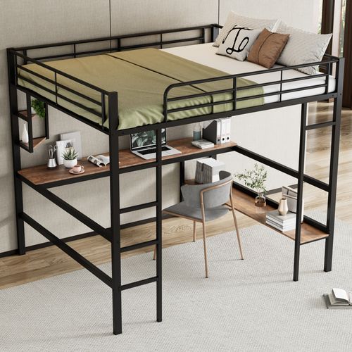 Lit Mezzanine 140x200cm Avec Bureau, Étagères Et Bibliothèques Noir