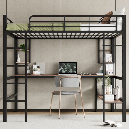 Lit Mezzanine 140x200cm Avec Bureau, Étagères Et Bibliothèques Noir