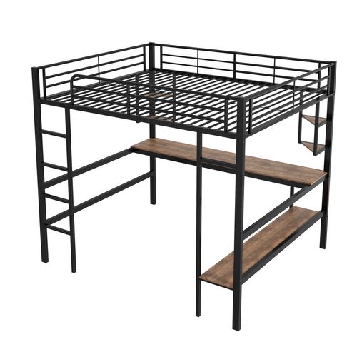 Lit Mezzanine 140x200cm Avec Bureau, Étagères Et Bibliothèques Noir