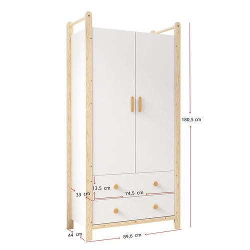 Armoire Enfant Avec 2 Portes, 2 Tiroirs Et Penderie Blanc