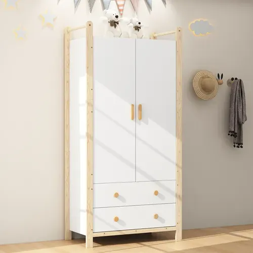 Armoire Enfant Avec 2 Portes, 2 Tiroirs Et Penderie Blanc