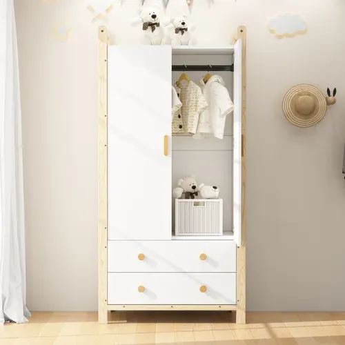 Armoire Enfant Avec 2 Portes, 2 Tiroirs Et Penderie Blanc