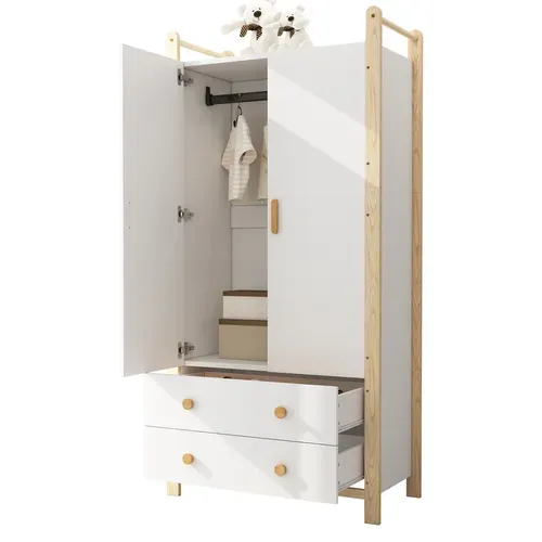 Armoire Enfant Avec 2 Portes, 2 Tiroirs Et Penderie Blanc