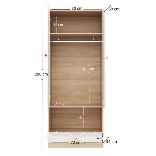 Armoire Enfant Avec 3 Portes Et Penderie Blanc + Imitation Chêne